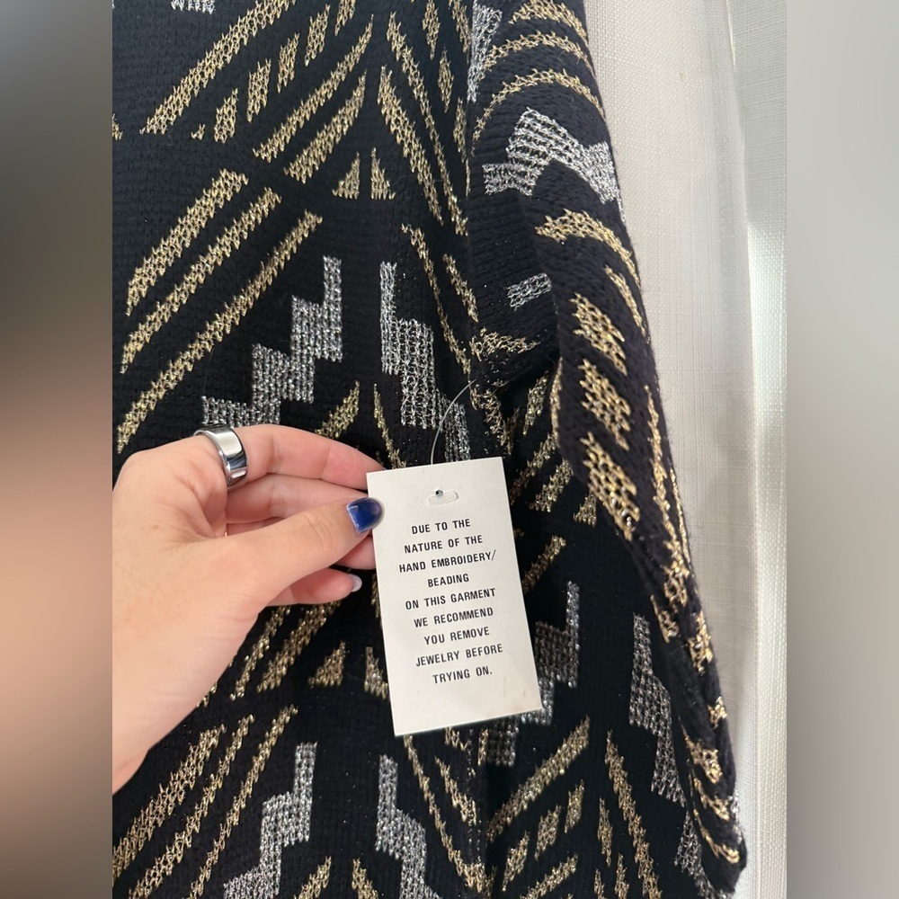 Vintage Statements by Pronto Black Gold Silver Chevron Knit Sweater Size Large - Picture 7 of 8